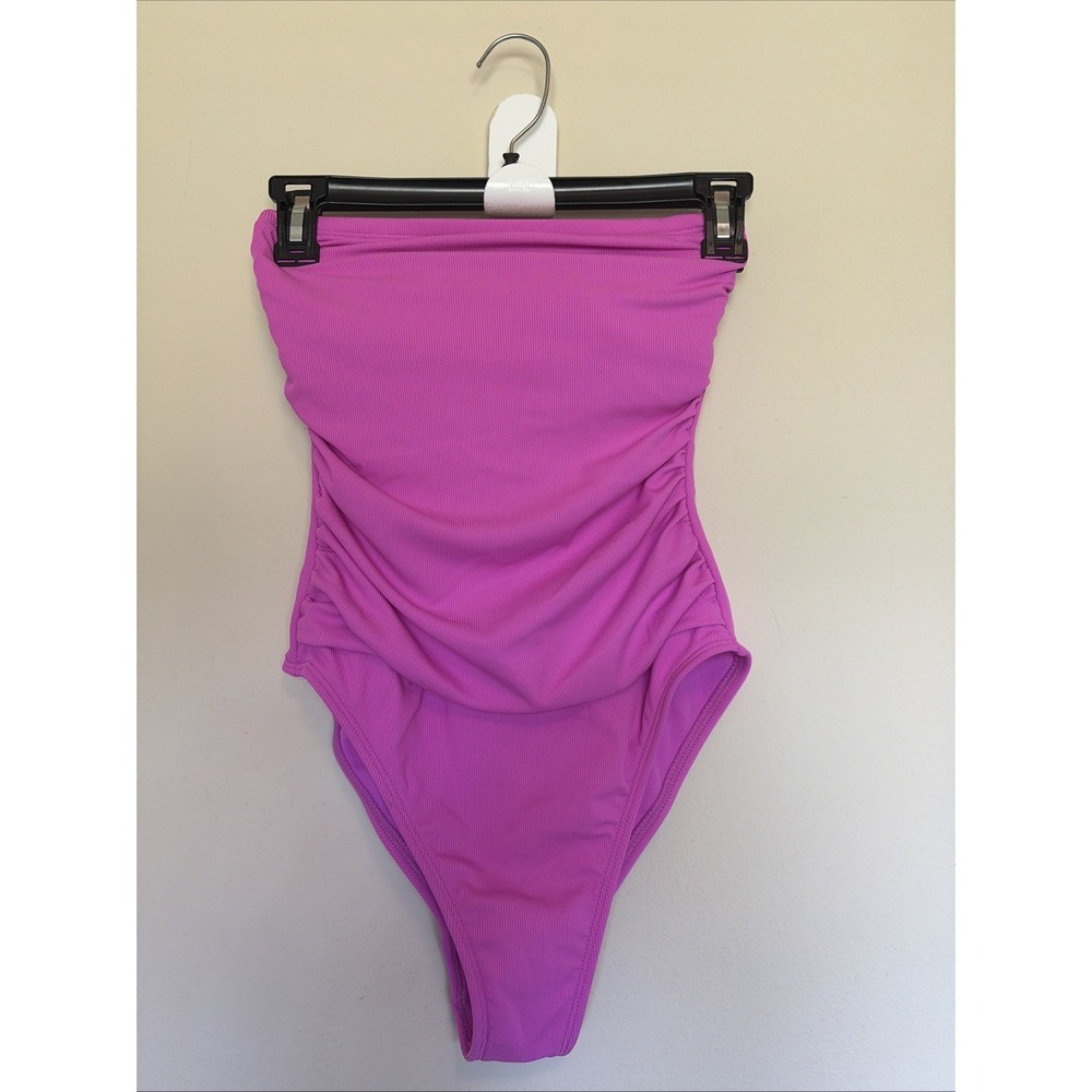 Shade & Shore Pink Ribbed High Leg Cheeky Ruched 1pc Swim Bathing Suit Small NEW